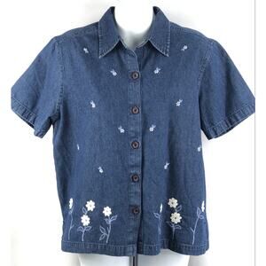 Vintage denim top L blue jean floral embroidery ShortSleeve CottageCore Chambray